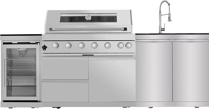 6 Burner Outdoor Kitchen Island with Grill, 85000 BTU Deluxe Stainless Steel Modular Outdoor Kitchen, Gas Propane BBQ Island with Refrigerator, 2 Doors Sink, Rotisserie, Storage Cabinet, Silver