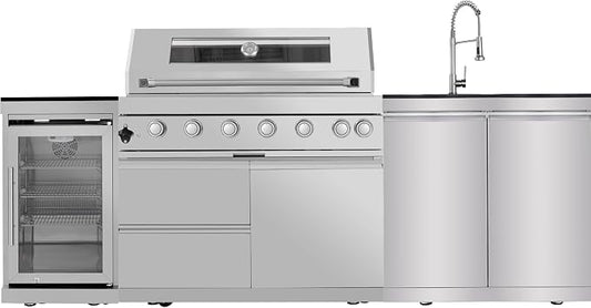 6 Burner Outdoor Kitchen Island with Grill, 85000 BTU Deluxe Stainless Steel Modular Outdoor Kitchen, Gas Propane BBQ Island with Refrigerator, 2 Doors Sink, Rotisserie, Storage Cabinet, Silver