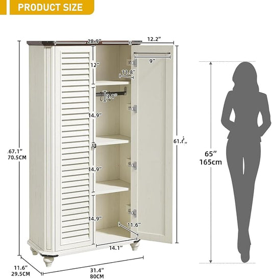 DWVO 67"' 4-Tier Farmhouse Kitchen Pantry Cabinet with Shutter Doors, White | Storage Cabinet with Adjustable Shelves, Hooks & Hanging Rods, Sturdy Cupboard for Kitchen, Dining Room, Living Room
