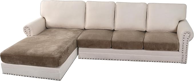 H.VERSAILTEX Velvet Stretch Sectional Couch Covers 4 Pieces Sofa Seat Cushion Covers L Shape Separate Couch Cover for Both Left/Right Sectional Couch (Large Sofa 3 Seater + 1 Chaise, Mocha)