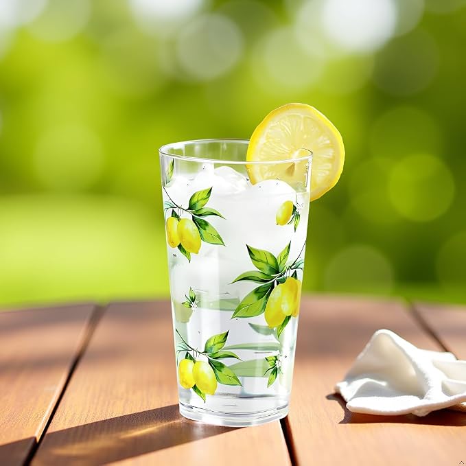 Reston Lloyd Calypso Basics Fresh Lemons 19 oz Acrylic Drinkware Set of 6 – BPA-Free, Indoor/Outdoor, Dishwasher Safe, Lemons with Bees