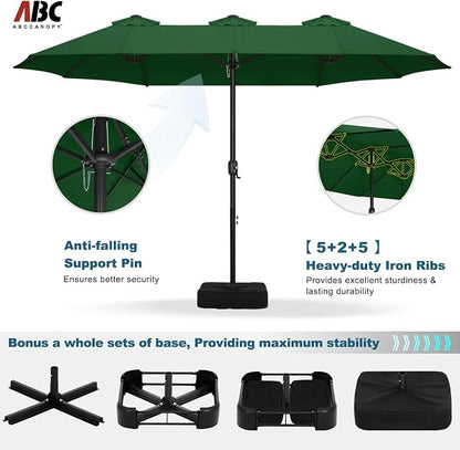 ABCCANOPY 15FT Double-Sided Rectangle Patio Umbrella with Base, Green | Rectangular Outdoor Table Umbrella with Crank, Heavy Duty Market Umbrella Shade for Garden,Poolside, Lawn, Backyard