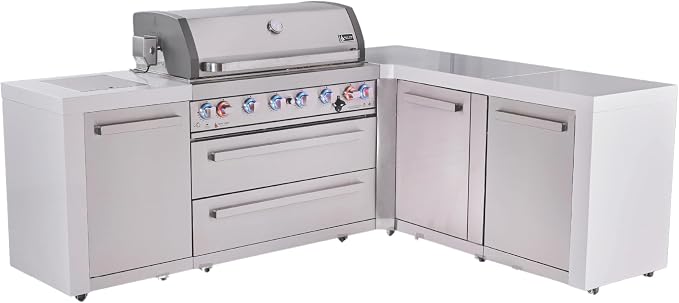 Mont Alpi Deluxe 94"W x 75"D x 46"H L-shaped Stainless Steel Outdoor Kitchen Island with Side Burner + 44"W 6-Burner BBQ Grill + White Granite Countertops & Sides + Storage Cabinets + Drawers + Cover