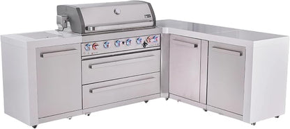 Mont Alpi Deluxe 94"W x 75"D x 46"H L-shaped Stainless Steel Outdoor Kitchen Island with Side Burner + 44"W 6-Burner BBQ Grill + White Granite Countertops & Sides + Storage Cabinets + Drawers + Cover