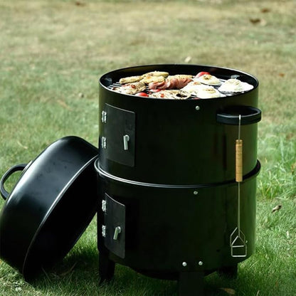 Vertical Charcoal Smoker with Built-in Thermometer Air Vent Round BBQ Grill 2 Access Doors for Outdoor Cooking Camping