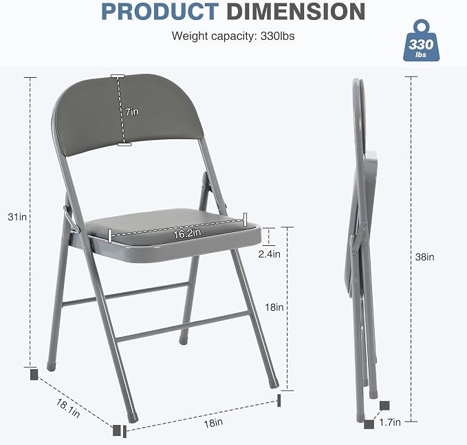 DUMOS 6 Pack Folding Chairs with Padded Cushion and Back - PU Leather Stackable Portable Dining Chairs Set, for Home and Office, Conference, Wedding, Party, Patio, Garden, for Indoor Outdoor, Grey