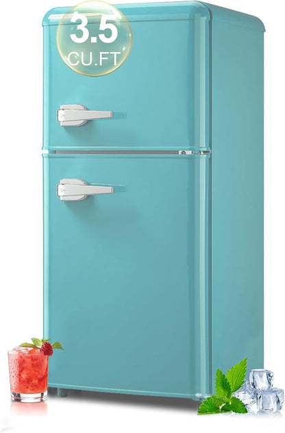 Retro Fridge with Freezer, 3.5 Cu. Ft. Mini Fridge Mint Blue | Small Refrigerator with 7-Level Adjustable Thermostat, Retro Compact Refrigerator 2-Door Fridges for Apartment/Dorm/Office/RV
