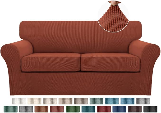 Turquoize 3 Piece Sofa Covers for 2 Cushion Couch Sofa Slipcover Soft Couch Cover for Dogs-Washable Sofa Furniture Covers with 2 Individual Cushion Covers, Feature Fabric (2 Cushion Sofa, Rust)