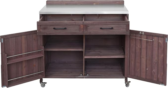 JIVOIT 39.4" Outdoor Kitchen Island with Stainless Table Top, Solid Fir Wood Storage Kitchen Cabinet with Drawer, Adjustable Shelves, Internal Storage Racks & 4 Wheels, Two Doors (Dark Brown/9)