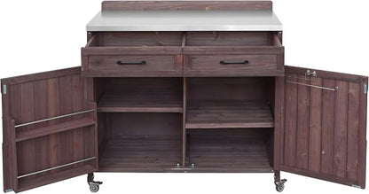 JIVOIT 39.4" Outdoor Kitchen Island with Stainless Table Top, Solid Fir Wood Storage Kitchen Cabinet with Drawer, Adjustable Shelves, Internal Storage Racks & 4 Wheels, Two Doors (Dark Brown/9)