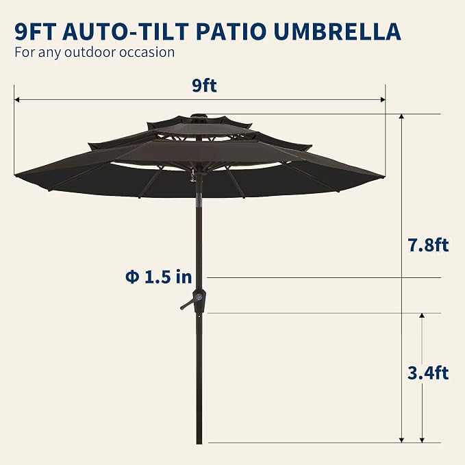 9FT 3 Tiers Patio Umbrella With Auto Tilt And Crank, Outdoor Table Market Umbrella with 8 Sturdy Ribs for Garden, Lawn, Deck, Backyard and Pool
