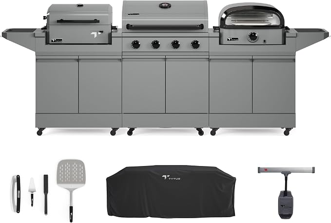 Tytus 4-Burner Gas Grill, Two Prep Carts, Charcoal Grill, and Pizza Oven | Anaheim Modular Outdoor Kitchen, Grill for Outdoor Cooking, Kitchen Island for BBQ, Included Cover, Light, and Pizza Tool Kit