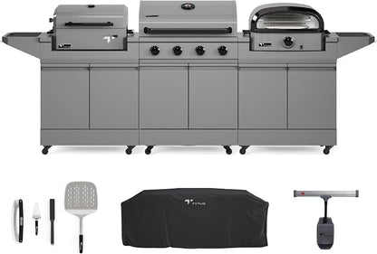 Tytus 4-Burner Gas Grill, Two Prep Carts, Charcoal Grill, and Pizza Oven | Anaheim Modular Outdoor Kitchen, Grill for Outdoor Cooking, Kitchen Island for BBQ, Included Cover, Light, and Pizza Tool Kit