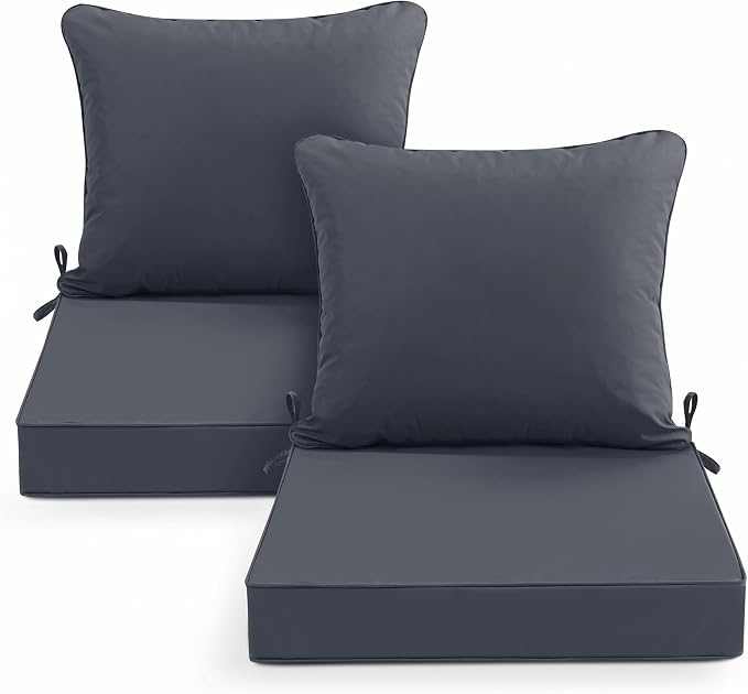Summsun Outdoor Chair Cushion 19 x 19 Inch, Dark Grey, Set of 2 | Double-Sided Water Resistant, Removable Cover, Back Pillow & Seat Cushion, Tie Straps, Fit for Patio, Garden, Sofa Couch