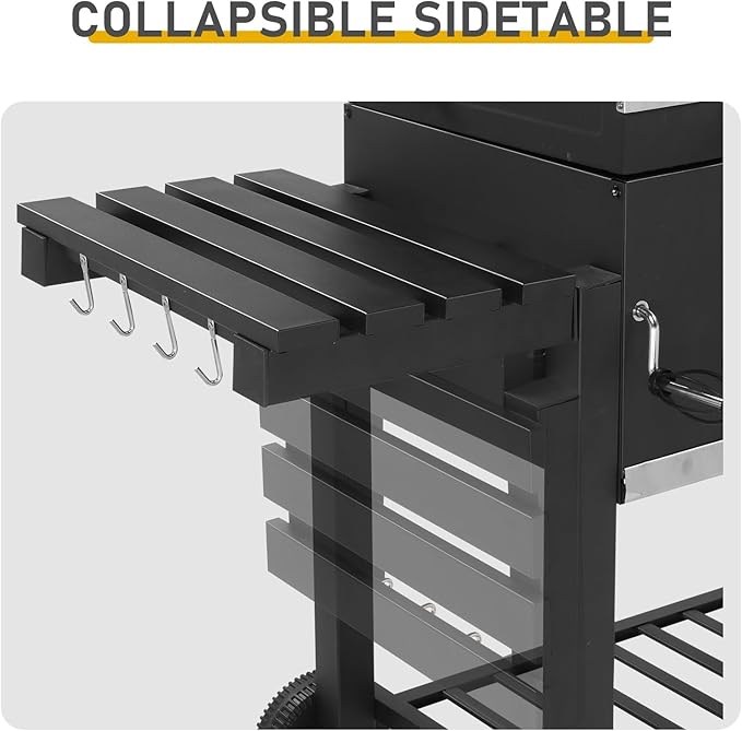 Charcoal Grill, Heavy Duty Cooking Grill with 2 Foldable Side Tables, 8 Hooks, Storage Shelf, 2 Wheels, Flame Control, Outdoor BBQ Grill for Picnic Party Camping Backyard Patio Fit 30 Burgers at Once