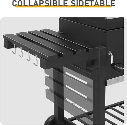 Charcoal Grill, Heavy Duty Cooking Grill with 2 Foldable Side Tables, 8 Hooks, Storage Shelf, 2 Wheels, Flame Control, Outdoor BBQ Grill for Picnic Party Camping Backyard Patio Fit 30 Burgers at Once