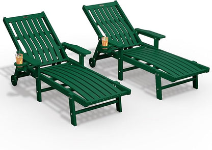 THOEOE Patio Chaise Lounge Chair Set of 2, Oversized Lounge Chair Outdoor with 5 Positions, 78″ Long, HDPE, Patio Lounge Chair with Wheels & Cup Holder for Pool, Deck, Poolside,Green