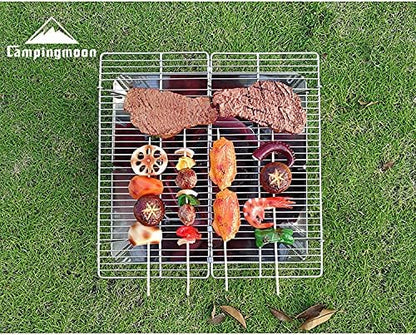 CAMPINGMOON Stainless Steel Foldable Camping Grills Portable Wood Burning Charcoal Grill 14-inch with Carrying Bag MT-2