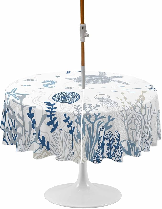 Blue Coastal Outdoor Tablecloth - 60 Inch Round Waterproof Dining Table Cover, Nautical Summer Beach Sea Turtle Coral Outdoor Table Cloth with Umbrella Hole & Zipper for Picnic/Patio/Party