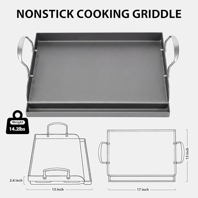 Utheer 17" x13" Nonstick Cast Iron Griddle for Gas Grill, Cooking Griddle Pan for Outdoor Gas Grill, Muti-Purpose Cooking Flat Top Plate for Weber, Nexgrill, Charbroil, Camp Chef, Kenmore