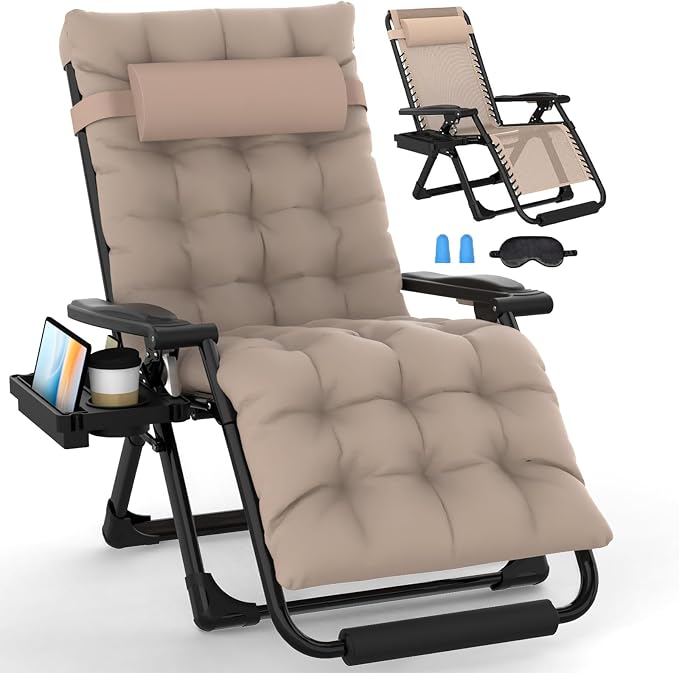 Slendor Oversized Zero Gravity Chairs XL, 29in Padded Recliner Chair, Beige | Reclining Lounge Chair, Folding Anti Gravity Chairs w/Aluminum Alloy Lock,Headrest,Cup Holder, Support 440lbs,for Lawn Patio