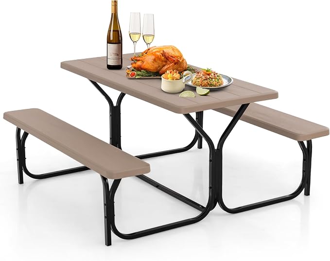 GYMAX Picnic Table, Picnic Bench Easy to Assemble w/All Weather Wood Grain Tabletop & Metal Frame, Picnic Tables for Outdoors Camping Backyard Deck Patio Poolside Dining Party