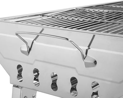 Portable BBQ Charcoal Standing Grill, Stainless Steel Metal Outdoor Cooking Grill for Steaks in Courtyard, Backyard Patio, Camping, Tailgating, and Picnics with Iron Grill, Carbon Mesh Silver