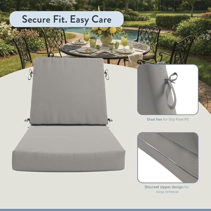 California Umbrella Outdoor Dining Chair, Set of 4 Patio Seat Cushions, 20 x 40 Inch, Premium Outdoor Memory Foam, Fade Resistant, Sunbrella Fabric, Fabric Ties, Granite