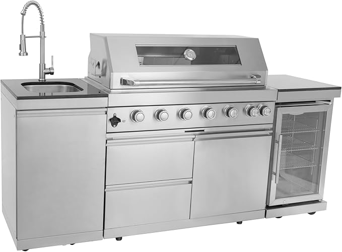 43-Inch Modular Outdoor Kitchen Grill with 6 Stainless Steel Burners 85000 BTU, Deluxe BBQ Station with Granite Countertop, Rotisserie Kit, 304 Stainless Steel Sink, Portable Refrigerator (Silver)
