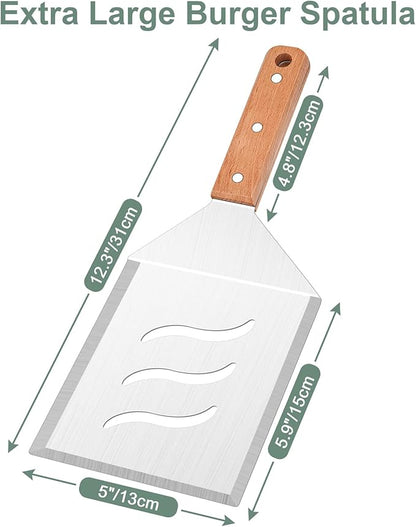 Extra Large Metal Burger Spatula Set of 2, Leonyo Heavy Duty Stainless Steel Griddle Slotted Hamburger Turner, Barbecue Cast Iron Grilling Flat Top Griddle Accessories, Wooden Handle