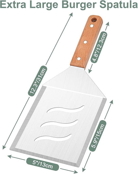 Extra Large Metal Burger Spatula Set of 2, Leonyo Heavy Duty Stainless Steel Griddle Slotted Hamburger Turner, Barbecue Cast Iron Grilling Flat Top Griddle Accessories, Wooden Handle