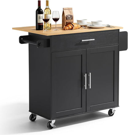 VEVOR Kitchen Island Cart with Storage, 42.28 in Wide Mobile Rolling Storage Island on Swivel Wheels, with Drawer, Storage Cabinet, Drop Leaf, Spice Rack, Table for Home Dining Room, Black