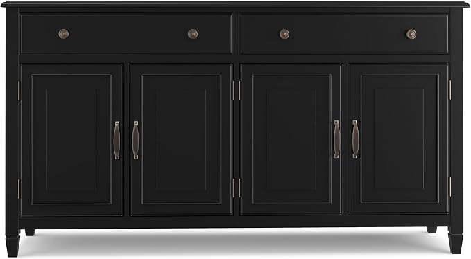 SIMPLIHOME Connaught 67" Wide Solid Wood Sideboard Cabinet in Black | Traditional 4-door dining room buffet with 2 drawers and adjustable shelves for organized kitchen or living room storage.