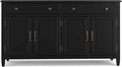 SIMPLIHOME Connaught 67" Wide Solid Wood Sideboard Cabinet in Black | Traditional 4-door dining room buffet with 2 drawers and adjustable shelves for organized kitchen or living room storage.
