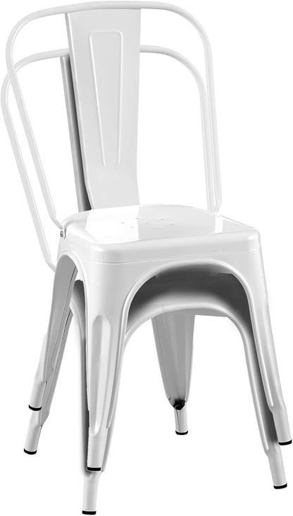 AC Pacific Stackable Metal Dining Chairs Set of 4 for Indoor and Outdoor Use, Durable Stacking Seat, Farmhouse Kitchen, Bar, Patio, Bistro, Cafe, Industrial Style, High Gloss White