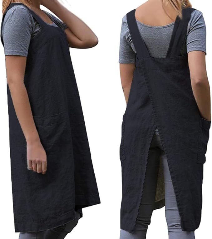 TBA Cotton Linen Apron Cross Back Apron for Women with Big Pockets Square Pinafore Dress for Baking Cooking BBQ & Grill
