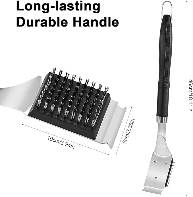 BBQ Grill Cleaning Brush with Scraper, 17'' Stainless Steel Grill Grate Cleaner with 2 Replaceable Stainless Steel Bristles Heads, Safe BBQ Accessories for Charcoal & Electric Grills