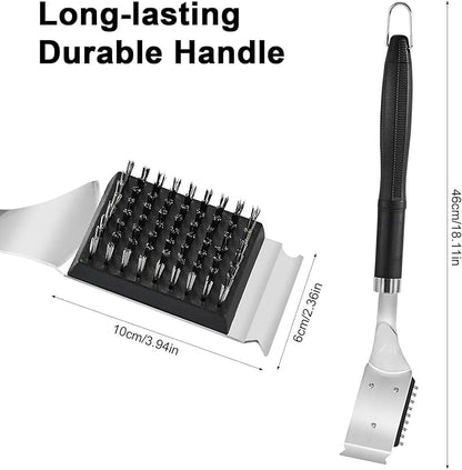 BBQ Grill Cleaning Brush with Scraper, 17'' Stainless Steel Grill Grate Cleaner with 2 Replaceable Stainless Steel Bristles Heads, Safe BBQ Accessories for Charcoal & Electric Grills