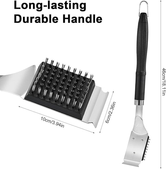 BBQ Grill Cleaning Brush with Scraper, 17'' Stainless Steel Grill Grate Cleaner with 2 Replaceable Stainless Steel Bristles Heads, Safe BBQ Accessories for Charcoal & Electric Grills