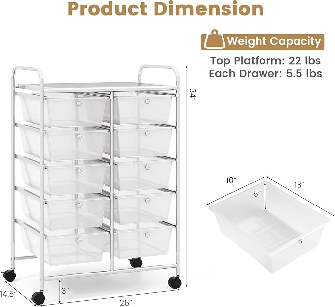 HOMGX Rolling Cart with 10 Drawers, 10 Tiers Multicolor Trolley, Drawer Bin Carts with 2 Lockable Wheels, Adjustable File & Debris Organizer Cart, Rolling Storage Cart for Office, School, Home