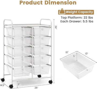 HOMGX Rolling Cart with 10 Drawers, 10 Tiers Multicolor Trolley, Drawer Bin Carts with 2 Lockable Wheels, Adjustable File & Debris Organizer Cart, Rolling Storage Cart for Office, School, Home