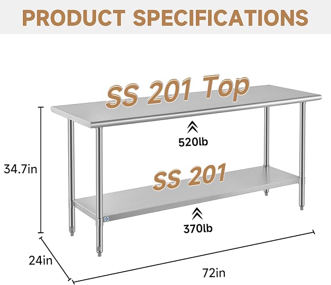 ROCKPOINT All Stainless Steel Table for Perp & Work 24x72 Inch,Commercial Heavy Duty Workbench with Stainless Legs & Adjustable Undershelf, 890 lb Capacity for Restaurant,Home and Outdoor Kitchens