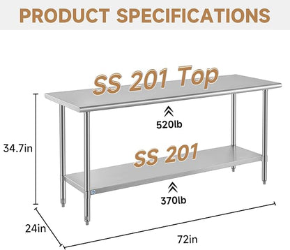 ROCKPOINT All Stainless Steel Table for Perp & Work 24x72 Inch,Commercial Heavy Duty Workbench with Stainless Legs & Adjustable Undershelf, 890 lb Capacity for Restaurant,Home and Outdoor Kitchens