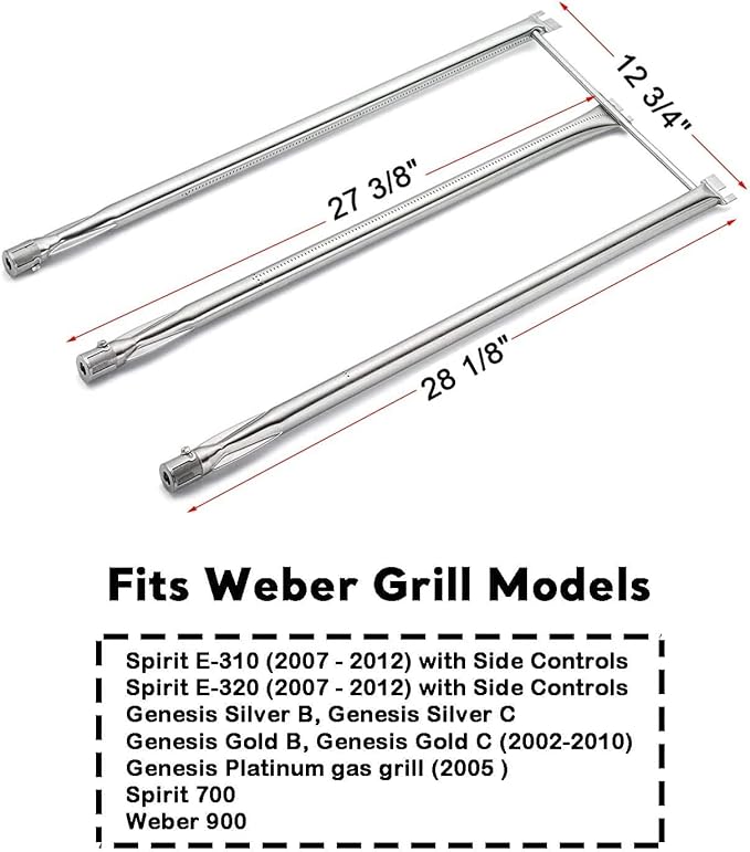 Uniflasy Grill Parts Replacement for Weber Spirit 310 E310, Genesis Silver B C, Genesis Platinum B C, Weber 900 (Side Control), 28 1/8" Stainless Steel Burner, 22.5" Stainless Steel Flavorizer Bars