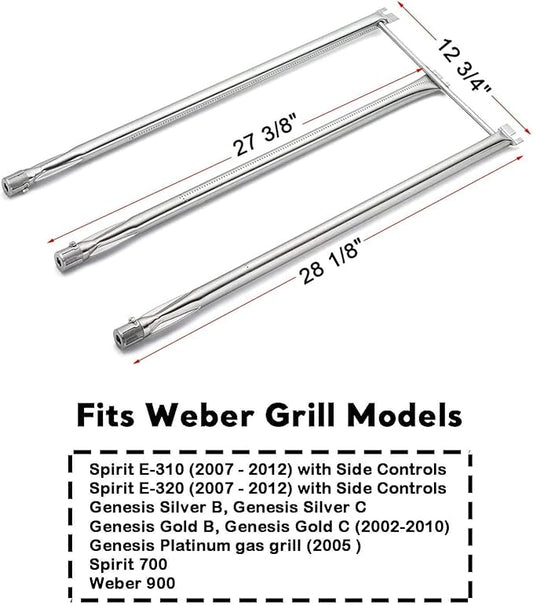 Uniflasy Grill Parts Replacement for Weber Spirit 310 E310, Genesis Silver B C, Genesis Platinum B C, Weber 900 (Side Control), 28 1/8" Stainless Steel Burner, 22.5" Stainless Steel Flavorizer Bars