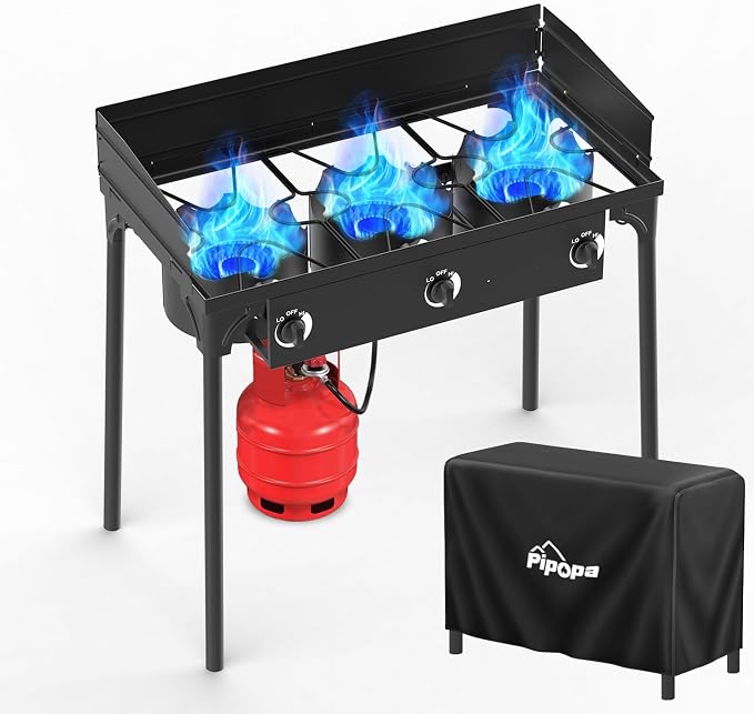 3 Burner Propane Camp Stove | 225,000 BTU | High Pressure Gas Burners | CSA Certified | Windscreen | Waterproof Cover | Detachable Legs | Ideal for Camping Tailgating Backyard Outdoor Cooking