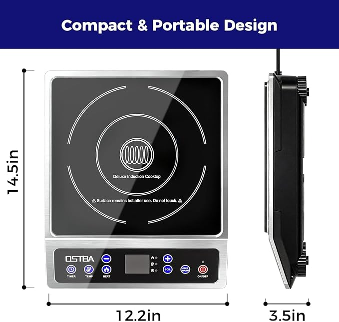 OSTBA Portable Induction Cooktop 1800W, Countertop Induction Burner | 10 Power Levels, 120-460°F Temperature Control, 3H Timer, Boil and Keep Warm Functions, ETL Certified
