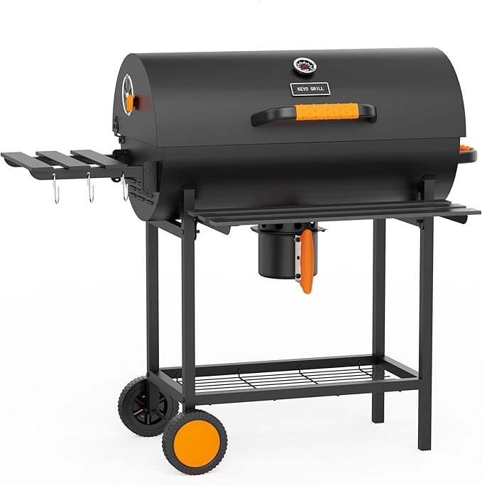 KEYO GRILL 29-Inch Barrel Charcoal Grill, Heavy duty BBQ Grill with Adjustable Air Vent, One Click Cleaning System Barbecue Smoker Grill Combo for Backyard, Camping and Tailgate