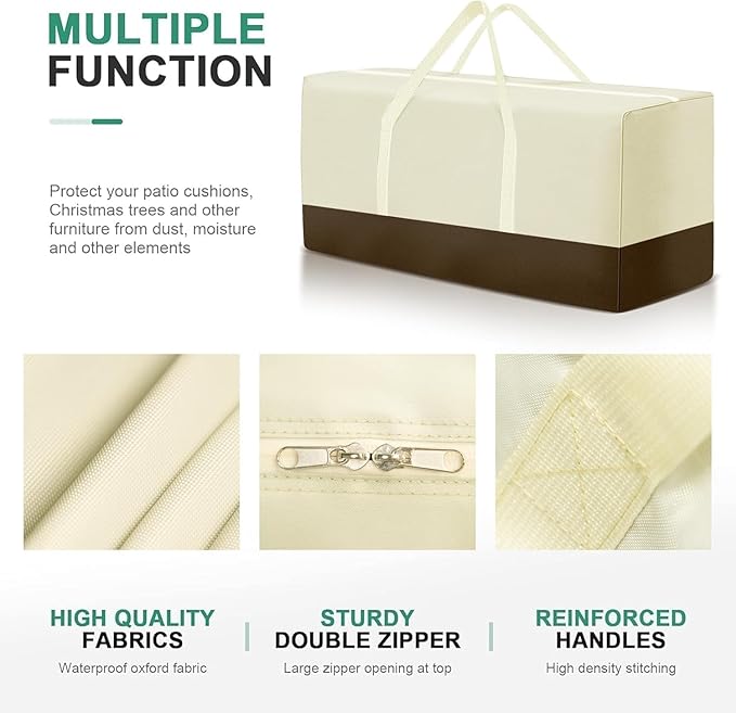 2 Pack Extra Large Patio Outdoor Waterproof Cushion Storage Bag, Outdoor Cushion Furniture Storage Bag with Handles and Zippered 68 x 30 x 20 Inch, Beige 2#