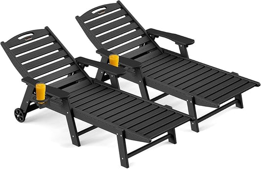 Ciokea Outdoor Chaise Lounge Chair Set of 2, Patio Lounge Chairs for Outside, HDPE Lounge Chairs with Wheels & Cup Holder, Poly Lounge Chair with 5 Position for Poolside, Deck, Black